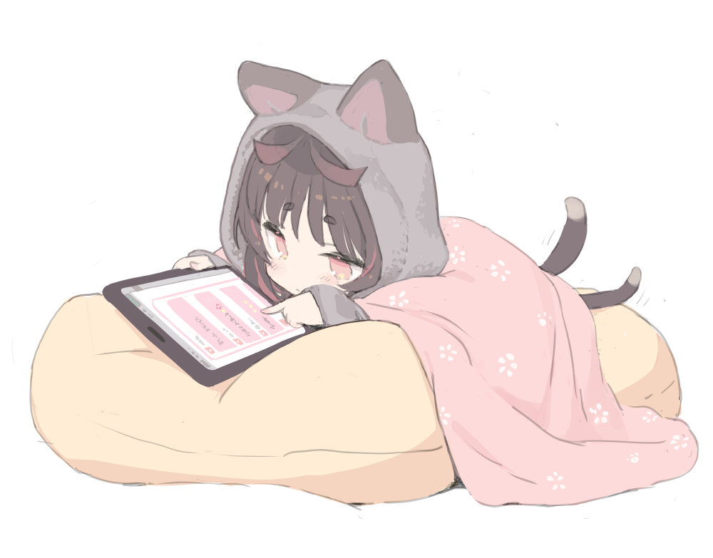 animal_ears, blade_(galaxist), brown_hair, catgirl, chibi, computer, hood, multiple_tails, nekoyama_nae, pink_eyes, tail