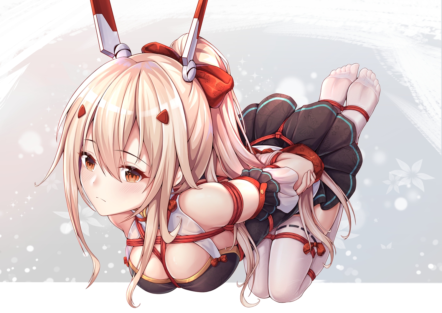 anthropomorphism, ayanami_(azur_lane), azur_lane, blonde_hair, blush, bondage, breasts, cleavage, long_hair, orange_eyes, ponytail, thighhighs, yiduan_zhu