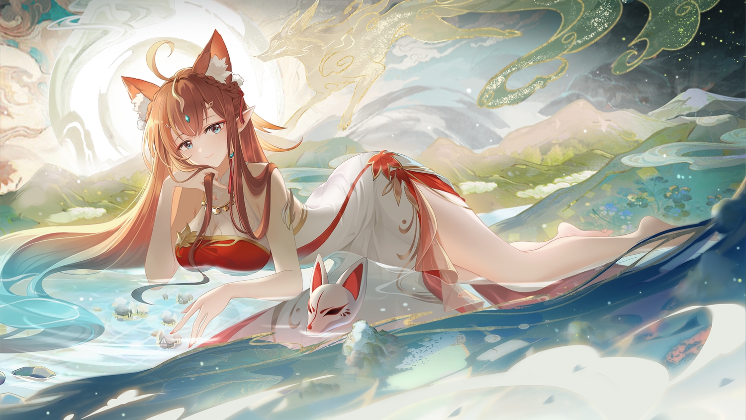 animal_ears, ao_la_xing, braids, breasts, brown_hair, cleavage, dress, long_hair