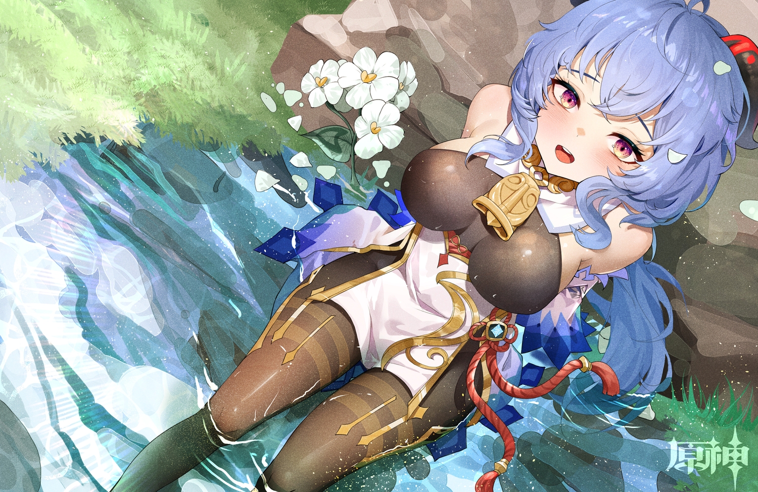 blush, breasts, di_qi_gang_guang, flowers, ganyu_(genshin_impact), genshin_impact, logo, long_hair, pantyhose, pink_eyes, purple_hair, water