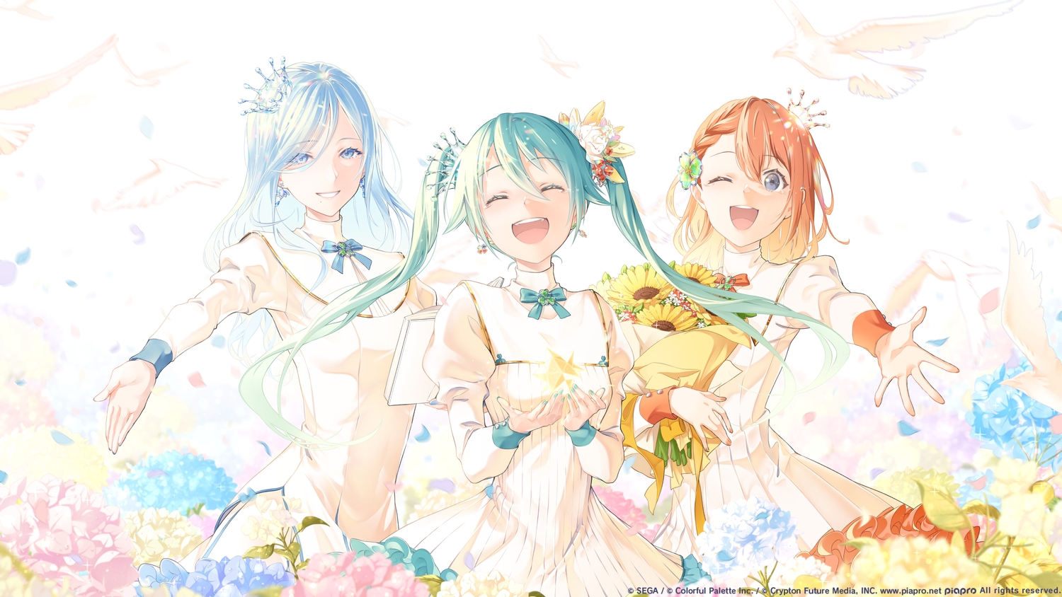 animal, bird, black_eyes, blue_eyes, blue_hair, book, bouno_satoshi, bow, braids, crown, dress, flowers, green_hair, hanasato_minori, hatsune_miku, hinomori_shizuku, long_hair, orange_hair, petals, project_sekai, ribbons, short_hair, tears, twintails, uniform, vocaloid, wink