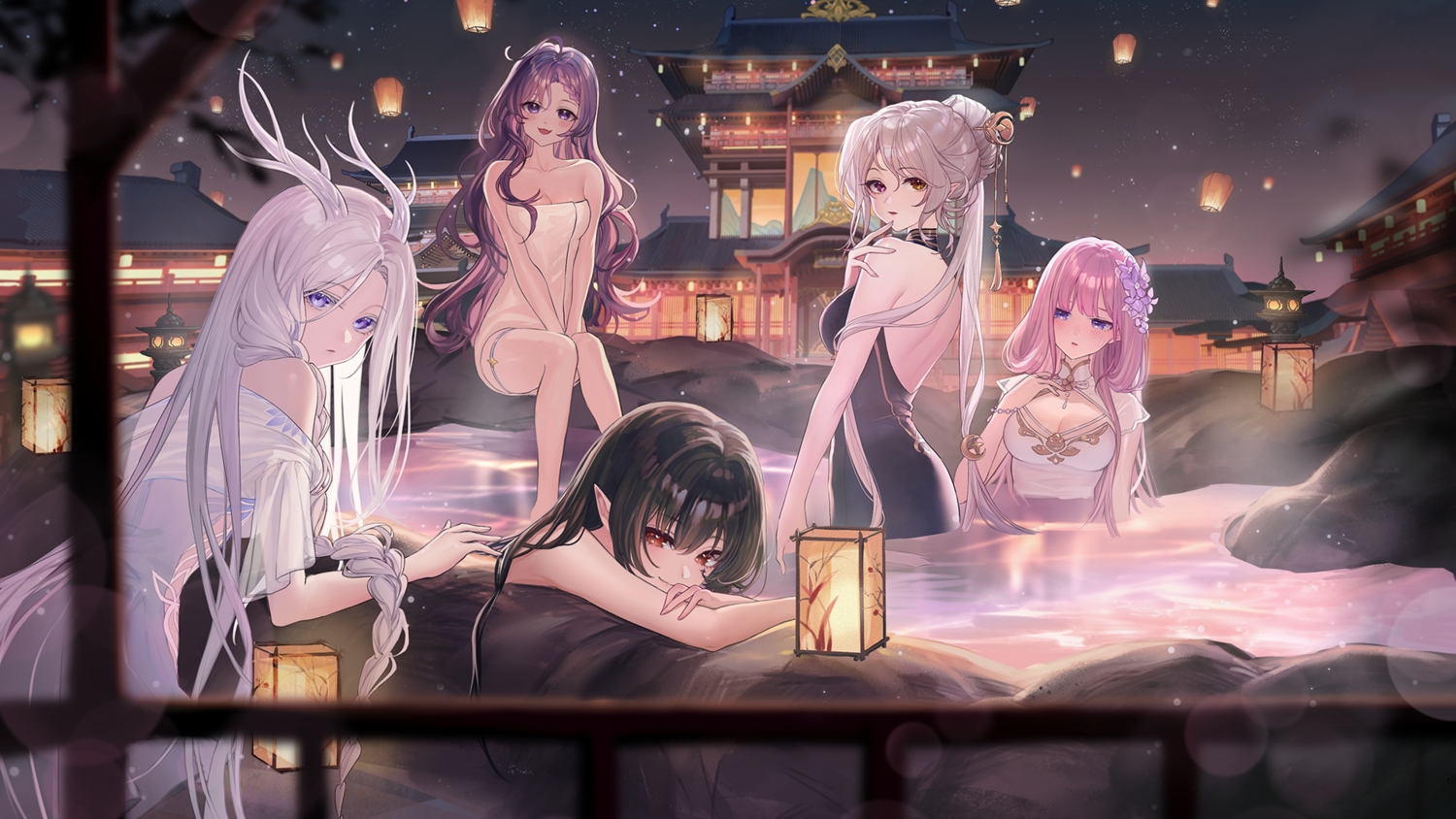 ao_la_xing, bicolored_eyes, black_hair, blush, braids, breast_hold, breasts, brown_eyes