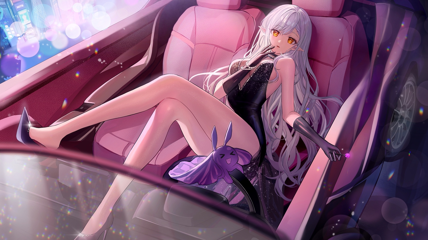 ao_la_xing, brown_eyes, car, dress, gloves, gray_hair, long_hair, pointed_ears