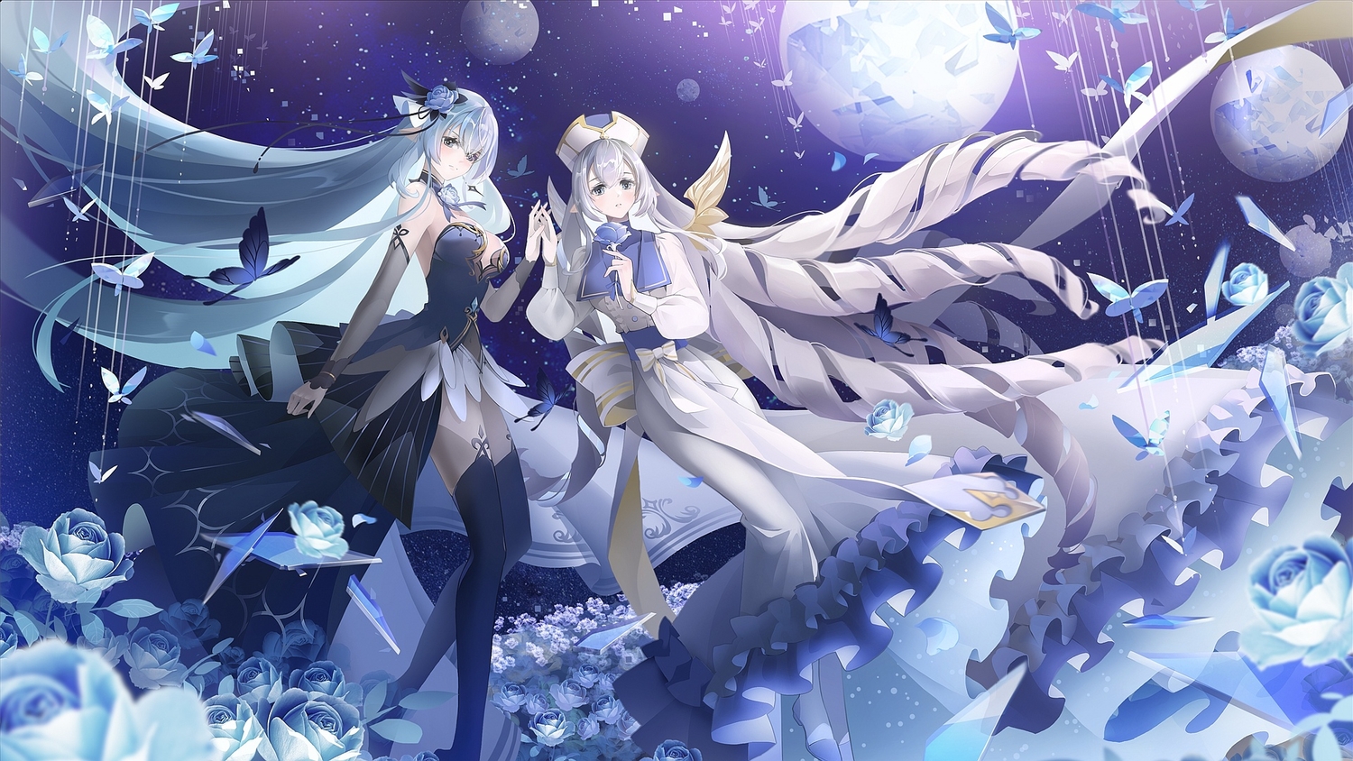 2girls, ao_la_xing, butterfly, flowers, gray_hair, green_eyes, hat, long_hair