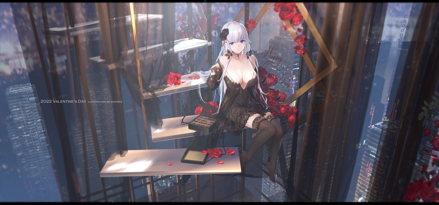 anthropomorphism, azur_lane, blue_eyes, breasts, cleavage, dress, flowers, illustrious_(azur_lane), long_hair, no_bra, petals, rose, stairs, swd3e2, thighhighs, valentine, watermark, white_hair, zettai_ryouiki