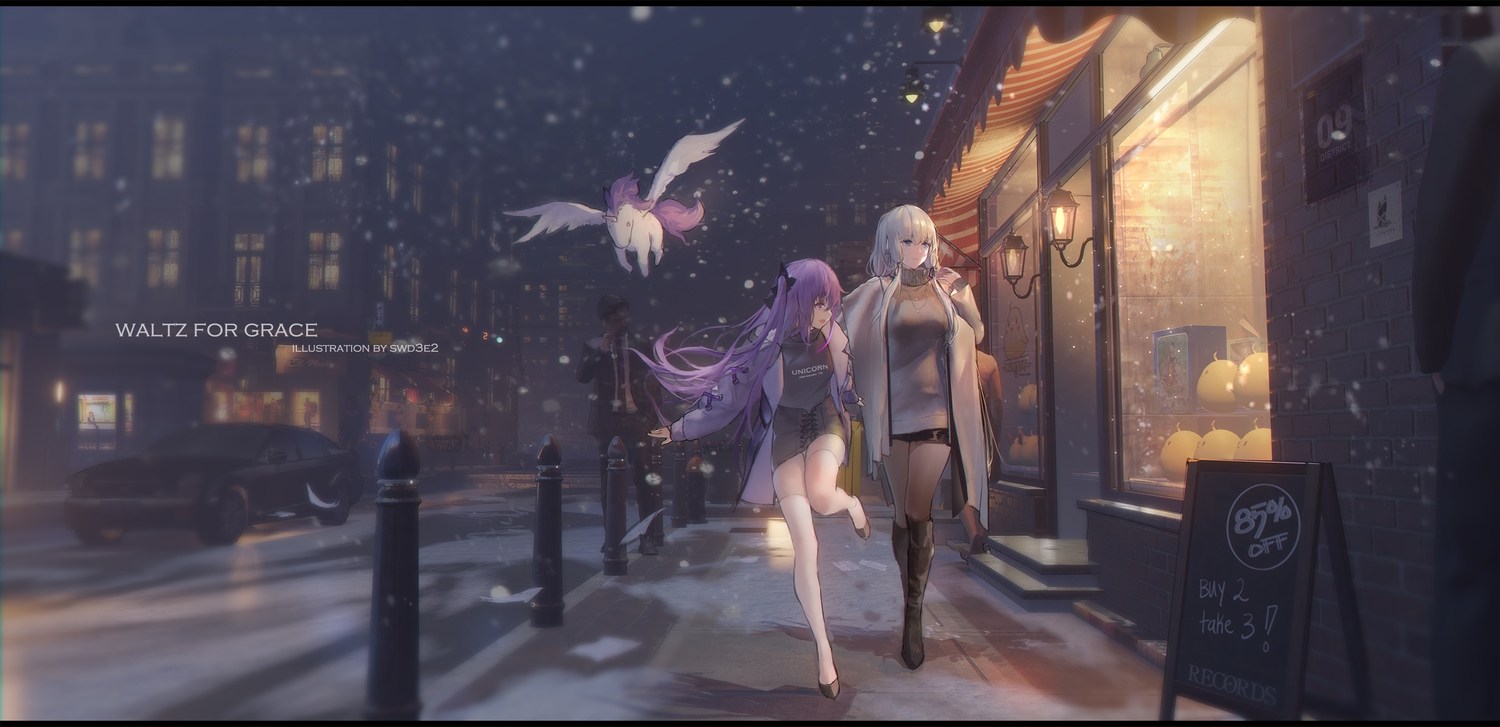 2girls, anthropomorphism, azur_lane, boots, building, car, illustrious_(azur_lane), long_hair