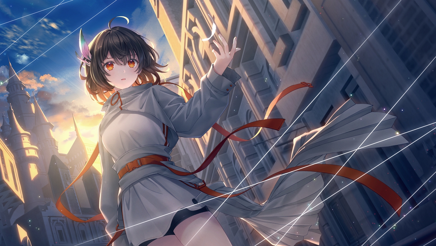 bike_shorts, bshi_edayo, building, city, dress, feathers, kasuka_(vesperbell), red_eyes, ribbons, short_hair, shorts, sunset, vesperbell