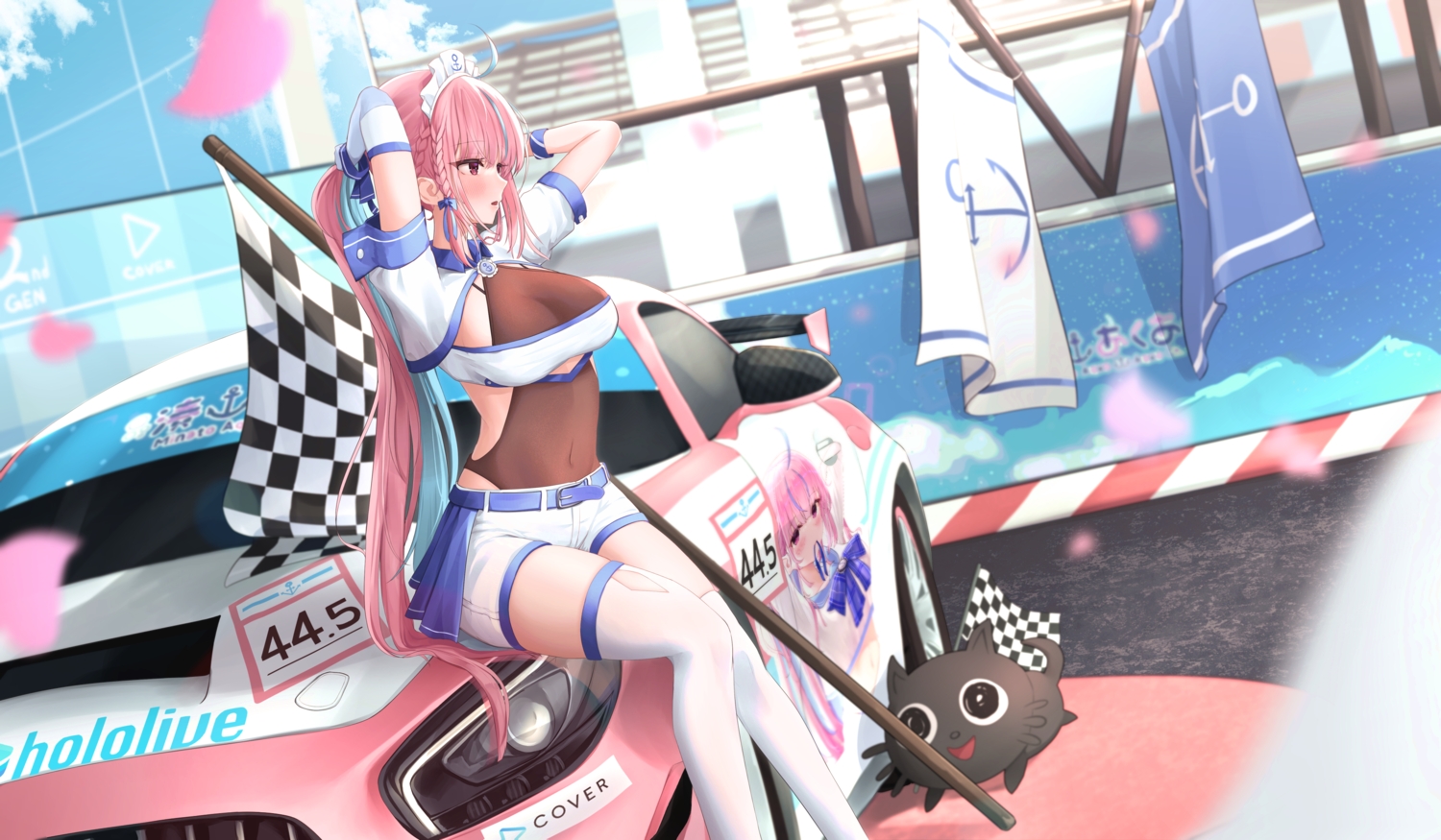 braids, brown_eyes, car, daran9, elbow_gloves, gloves, headband, hololive