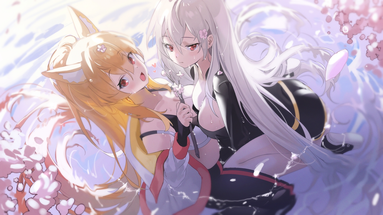 2girls, animal_ears, blonde_hair, blush, breasts, cherry_blossoms, cleavage, flowers