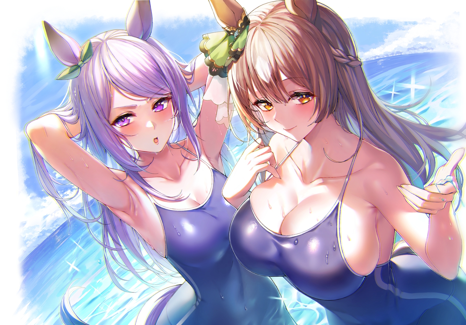 2girls, animal_ears, anthropomorphism, blush, breasts, brown_eyes, brown_hair, cleavage