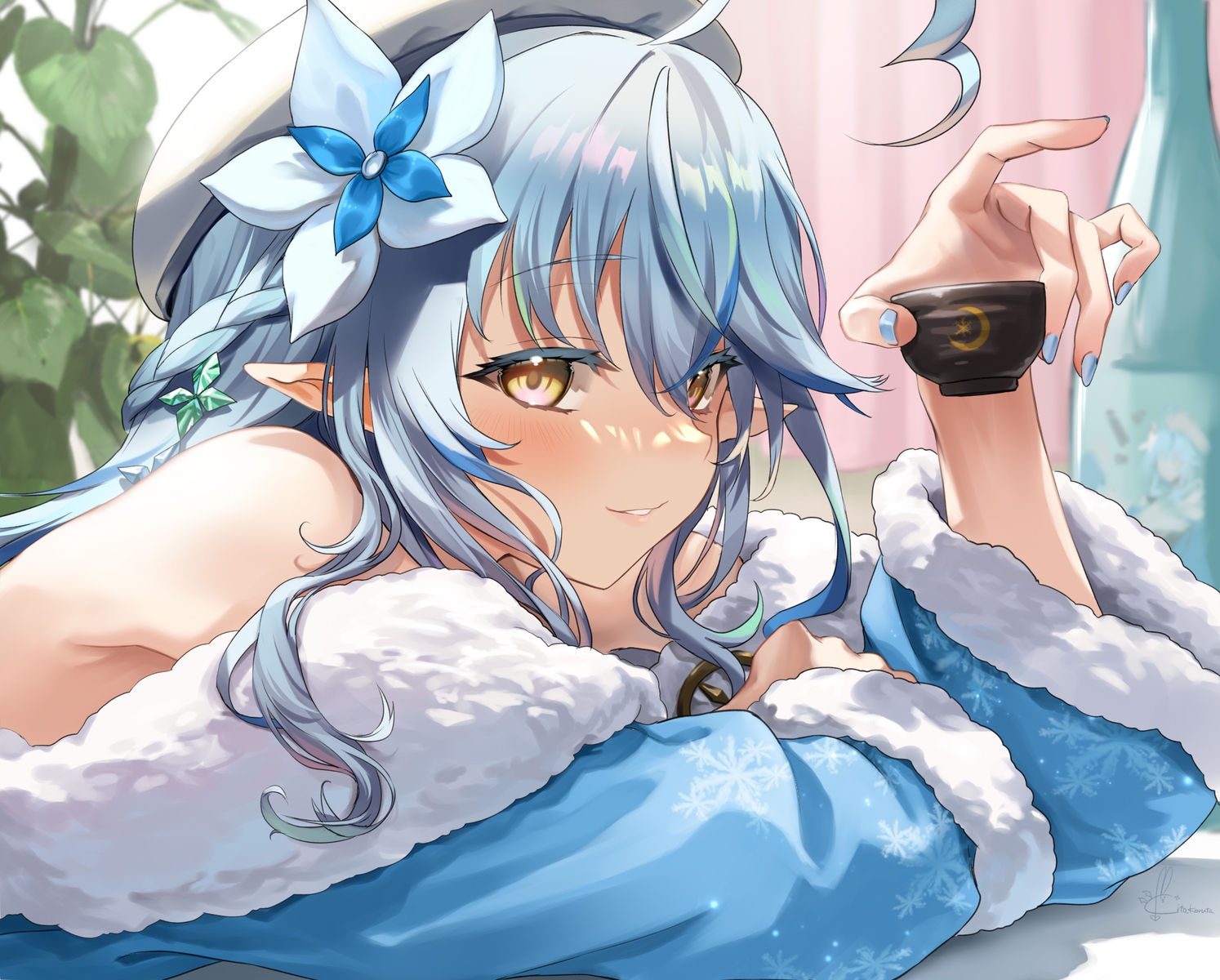blue_hair, blush, close, drink, flowers, hololive, kito_koruta, long_hair