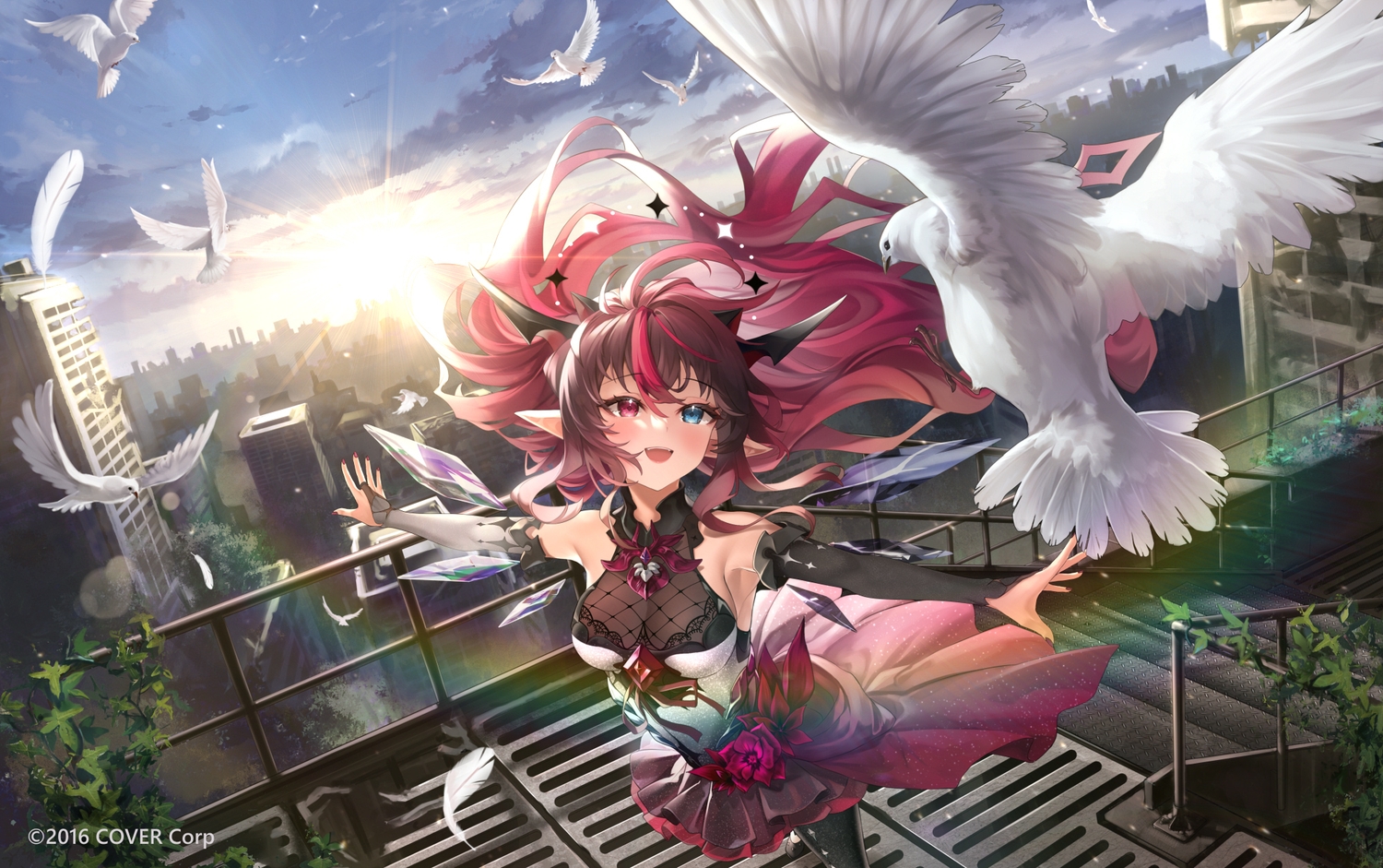 animal, bicolored_eyes, bird, blush, building, city, dress, feathers
