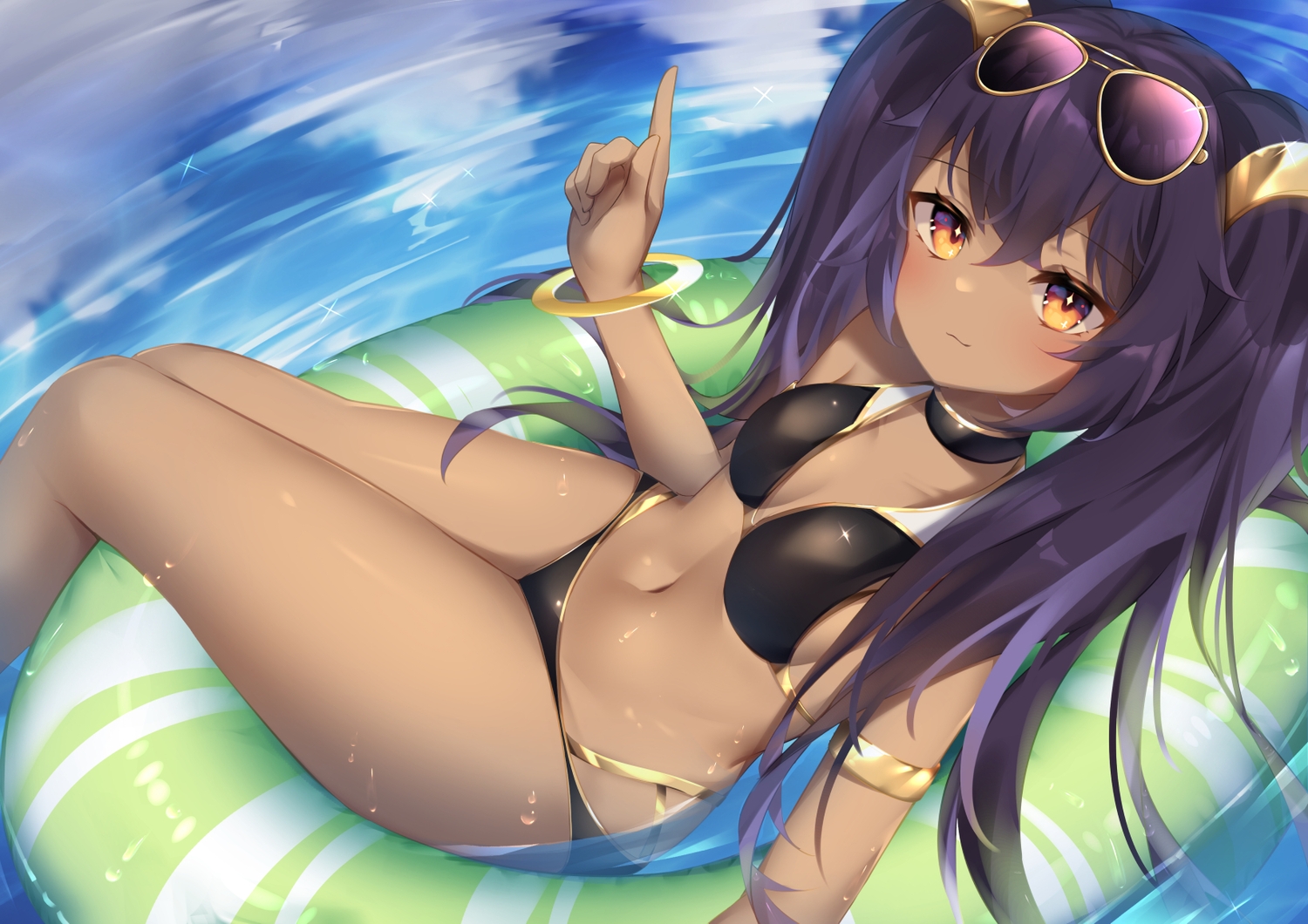bikini, dark_skin, long_hair, nephtim_(world_flipper), orange_eyes, purple_hair, sunglasses, swim_ring