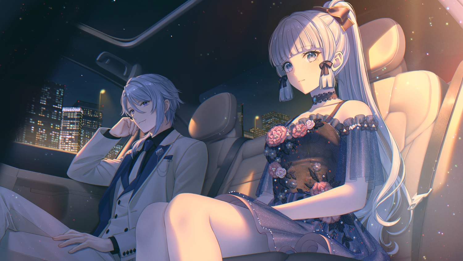 bshi_edayo, building, car, choker, city, dress, genshin_impact, gray_hair, kamisato_ayaka, kamisato_ayato, long_hair, male, night, ponytail, suit, tie