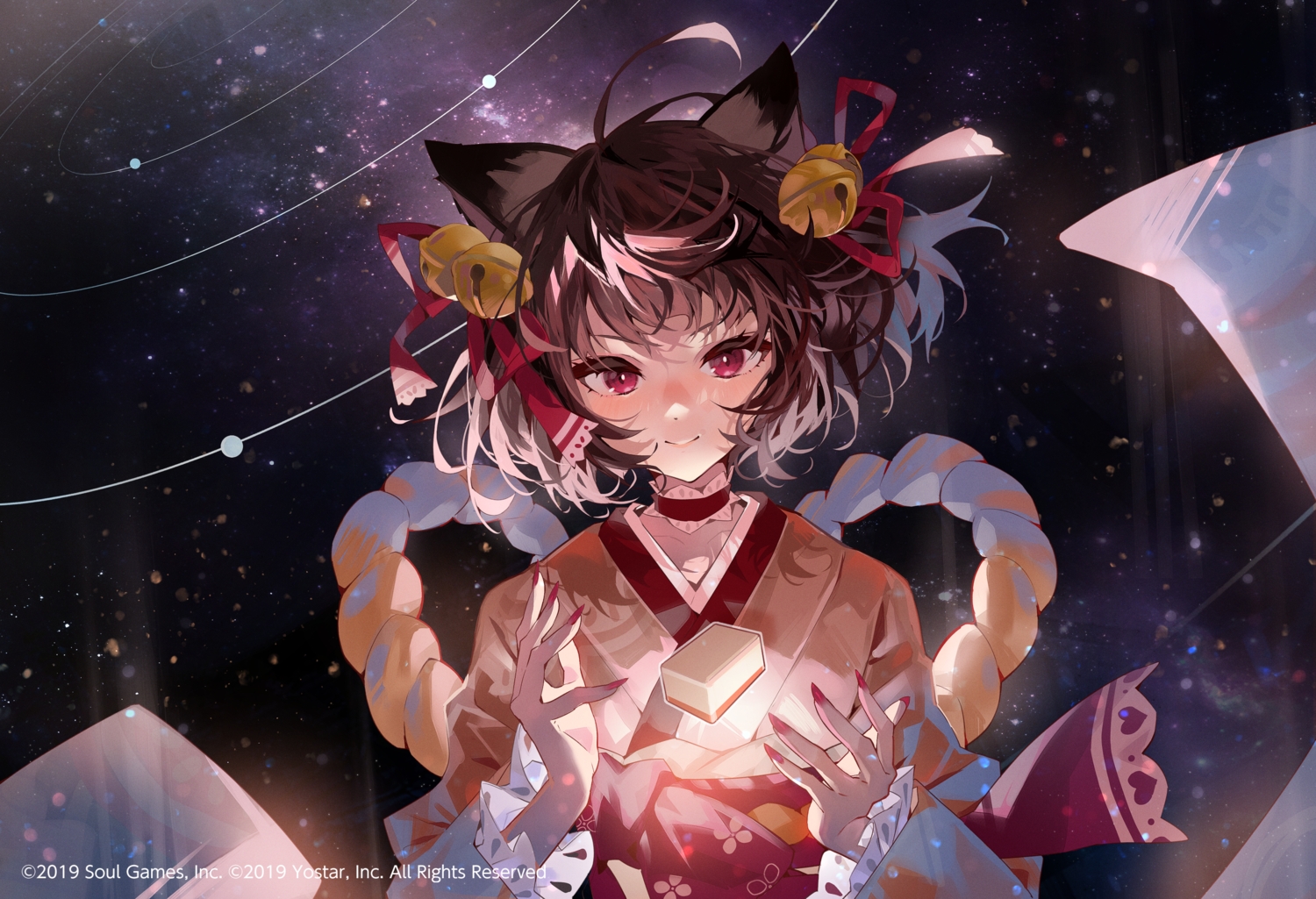 animal_ears, aruterra, bell, blush, brown_hair, catgirl, choker, ichihime_(majsoul)