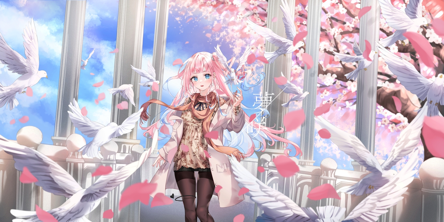 animal, aqua_eyes, bird, cherry_blossoms, clouds, flowers, iotan, long_hair
