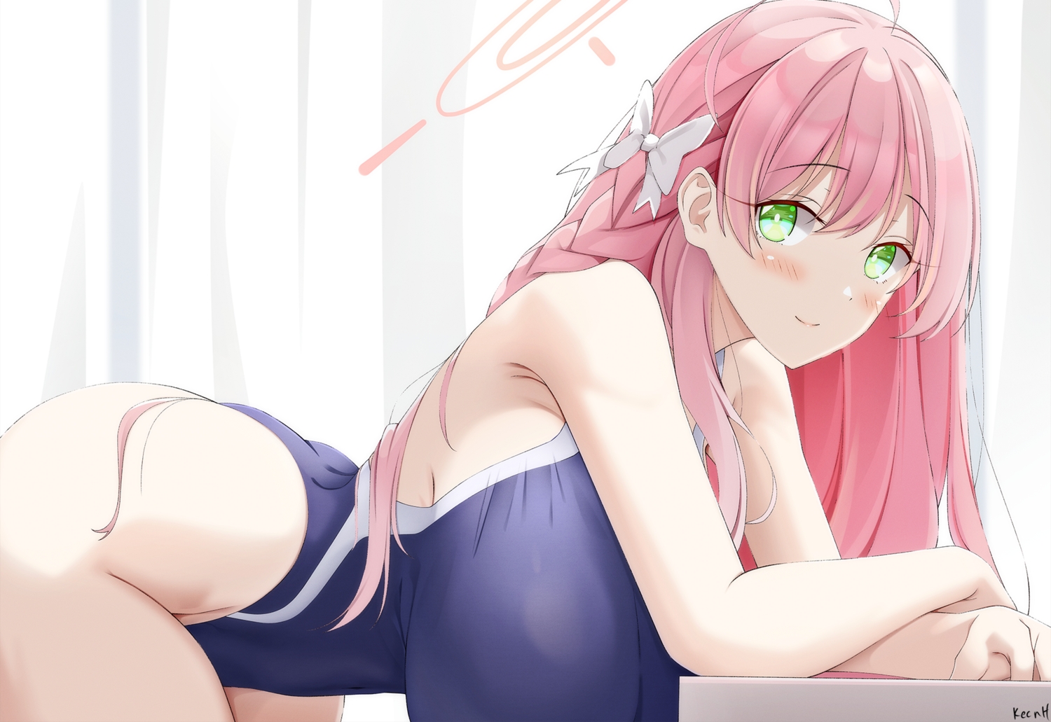 ass, blue_archive, blush, braids, breasts, green_eyes, halo, keenh