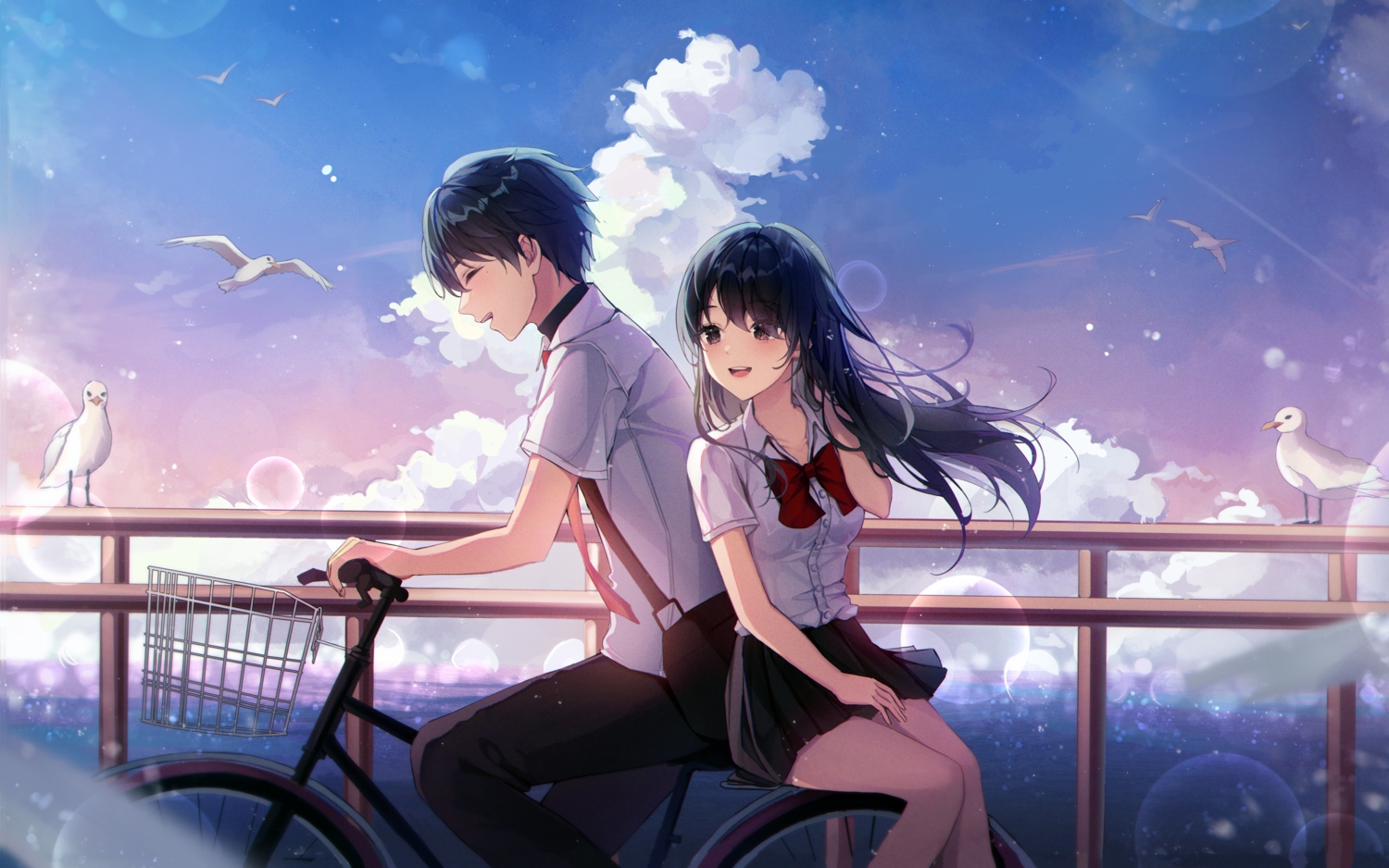 animal, bicycle, bird, bow, clouds, eunyoo, long_hair, male