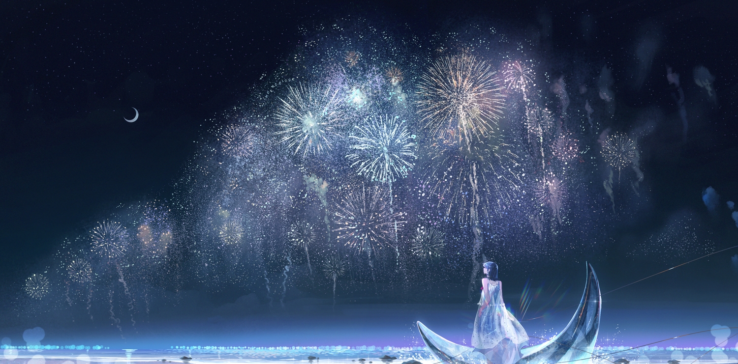 beach, dress, fireworks, moon, morncolour, night, original, polychromatic, scenic, sky, stars