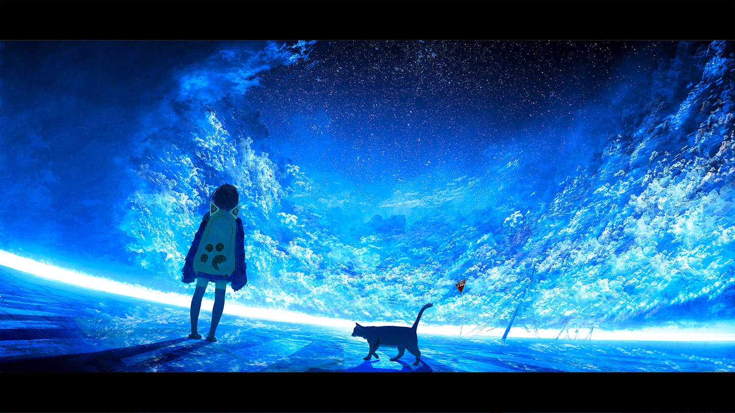 animal, blue, cat, chocoshi, clouds, original, polychromatic, scenic
