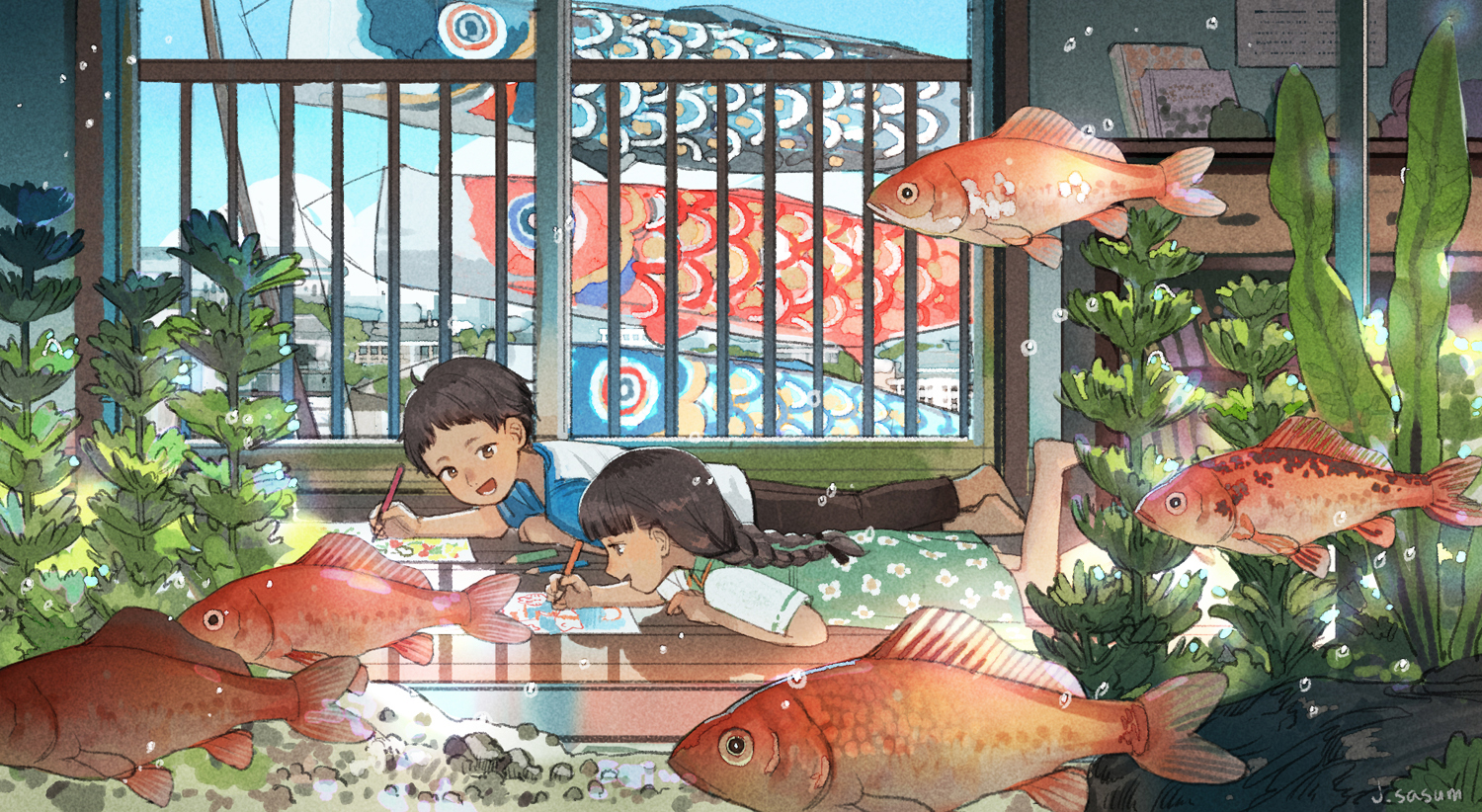 animal, braids, dress, fish, loli, male, original, sasumata_jirou