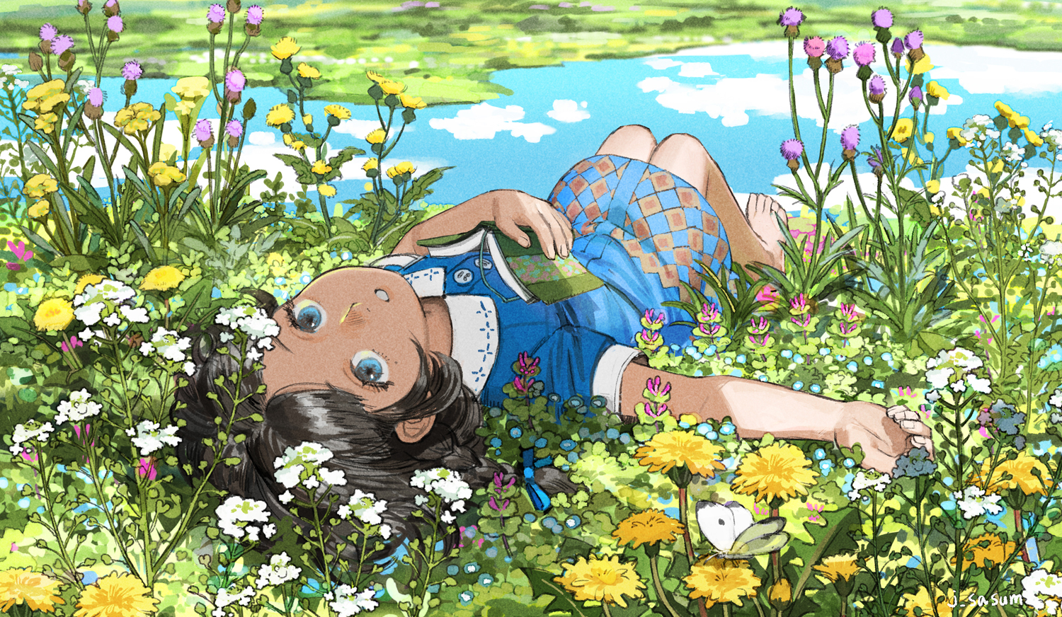 barefoot, black_hair, blue_eyes, book, dress, flowers, grass, loli, original, reflection, sasumata_jirou, signed, spring, water