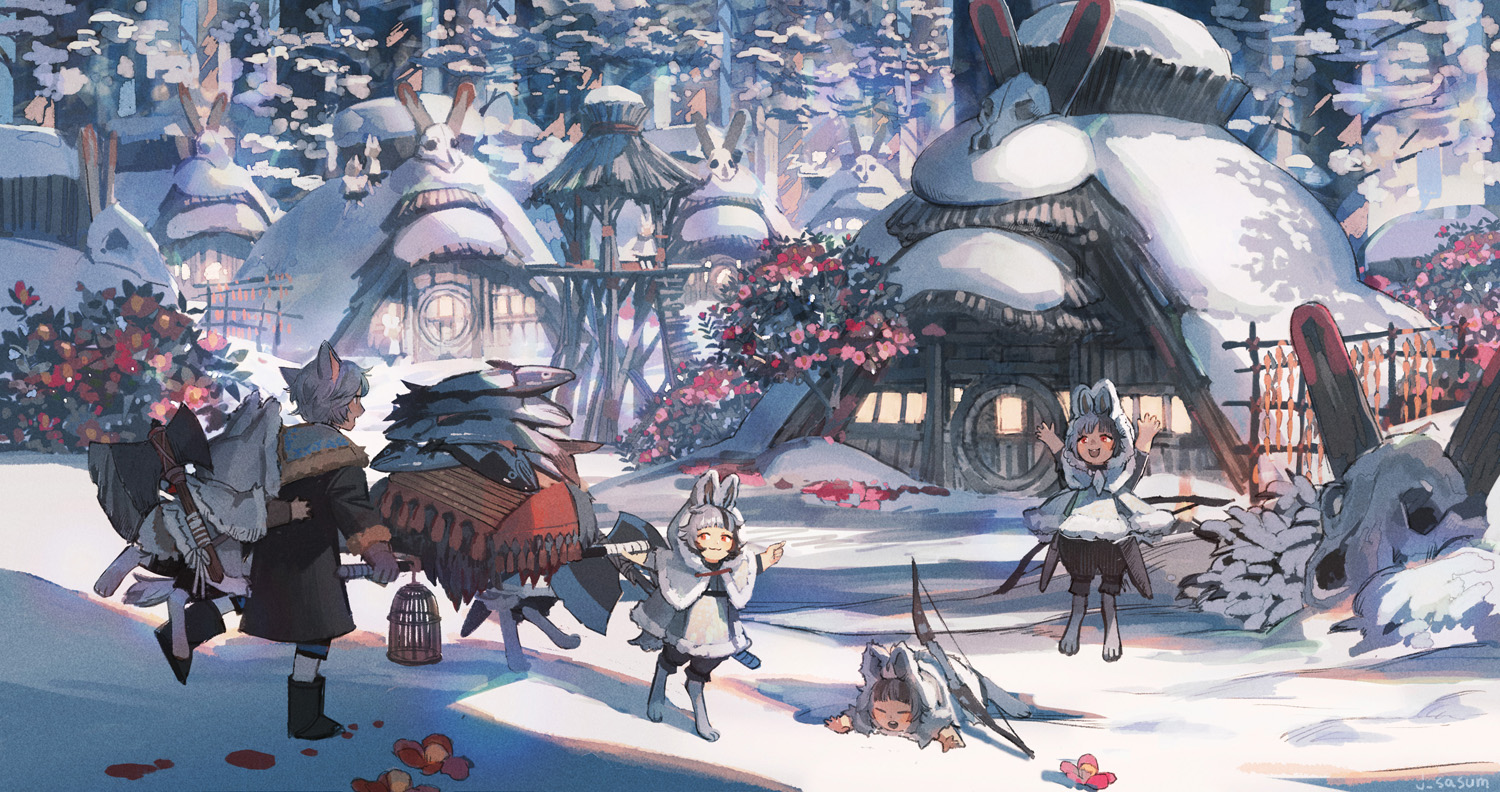 animal, animal_ears, barefoot, bow_(weapon), building, fish, flowers, group