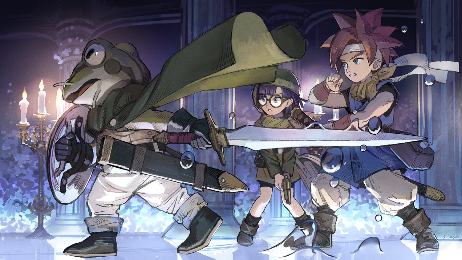 animal, cape, chrono_trigger, crono_(chrono_trigger), frog, glasses, kaeru_(chrono_trigger), lucca_ashtear_(chrono_trigger)
