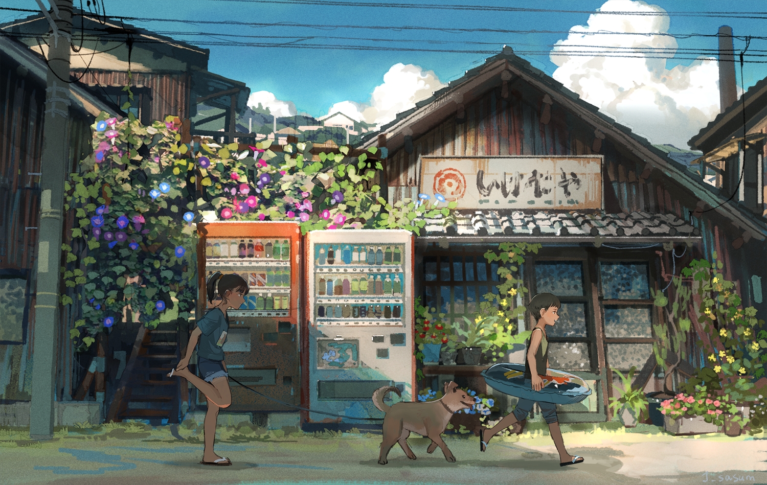 animal, building, clouds, dark_skin, dog, male, original, sasumata_jirou