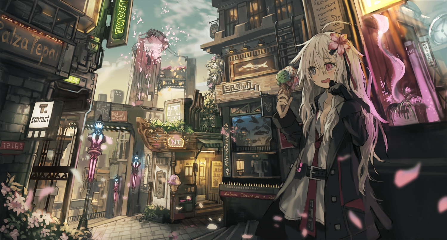 bicolored_eyes, building, food, ice_cream, long_hair, original, petals, stairs, tie, watakokyu, white_hair