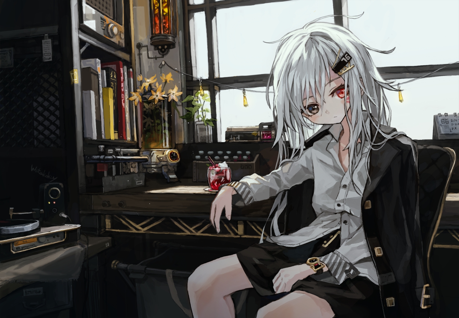 bicolored_eyes, book, original, watakokyu, white_hair, wristwear