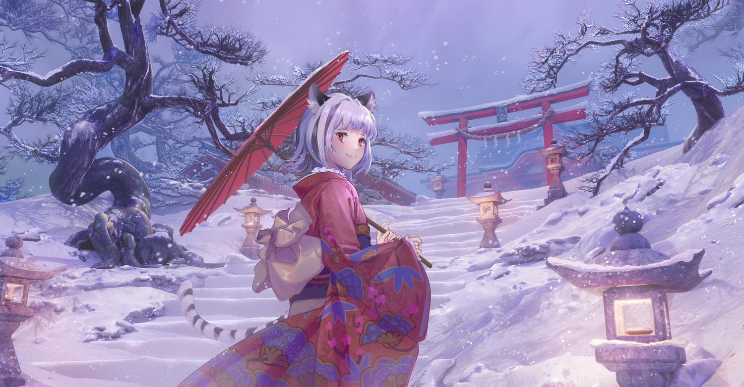 3d, animal_ears, catgirl, japanese_clothes, kimono, original, short_hair, shrine, snow, stairs, tail, torii, tree, umbrella, winter, xilin