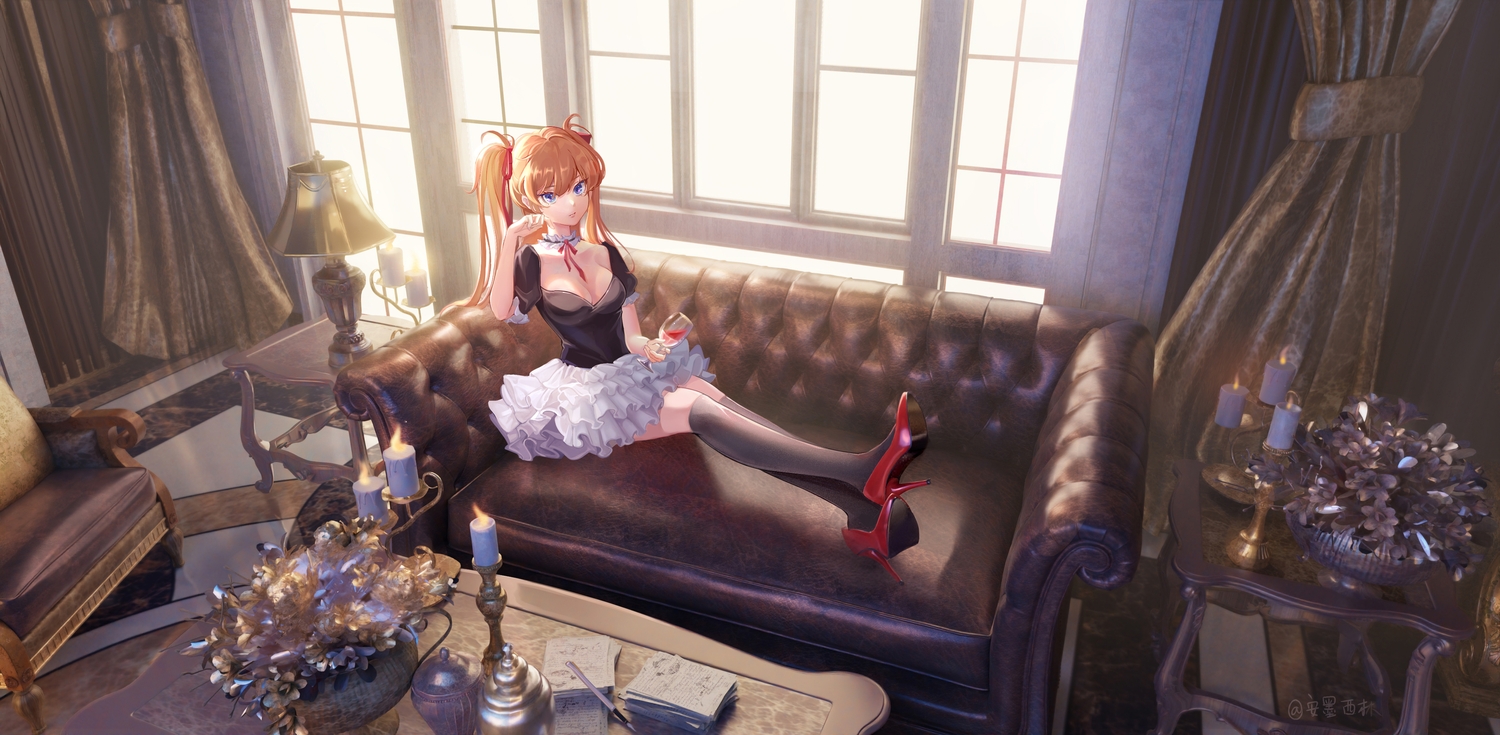 3d, blue_eyes, breasts, choker, cleavage, couch, drink, long_hair