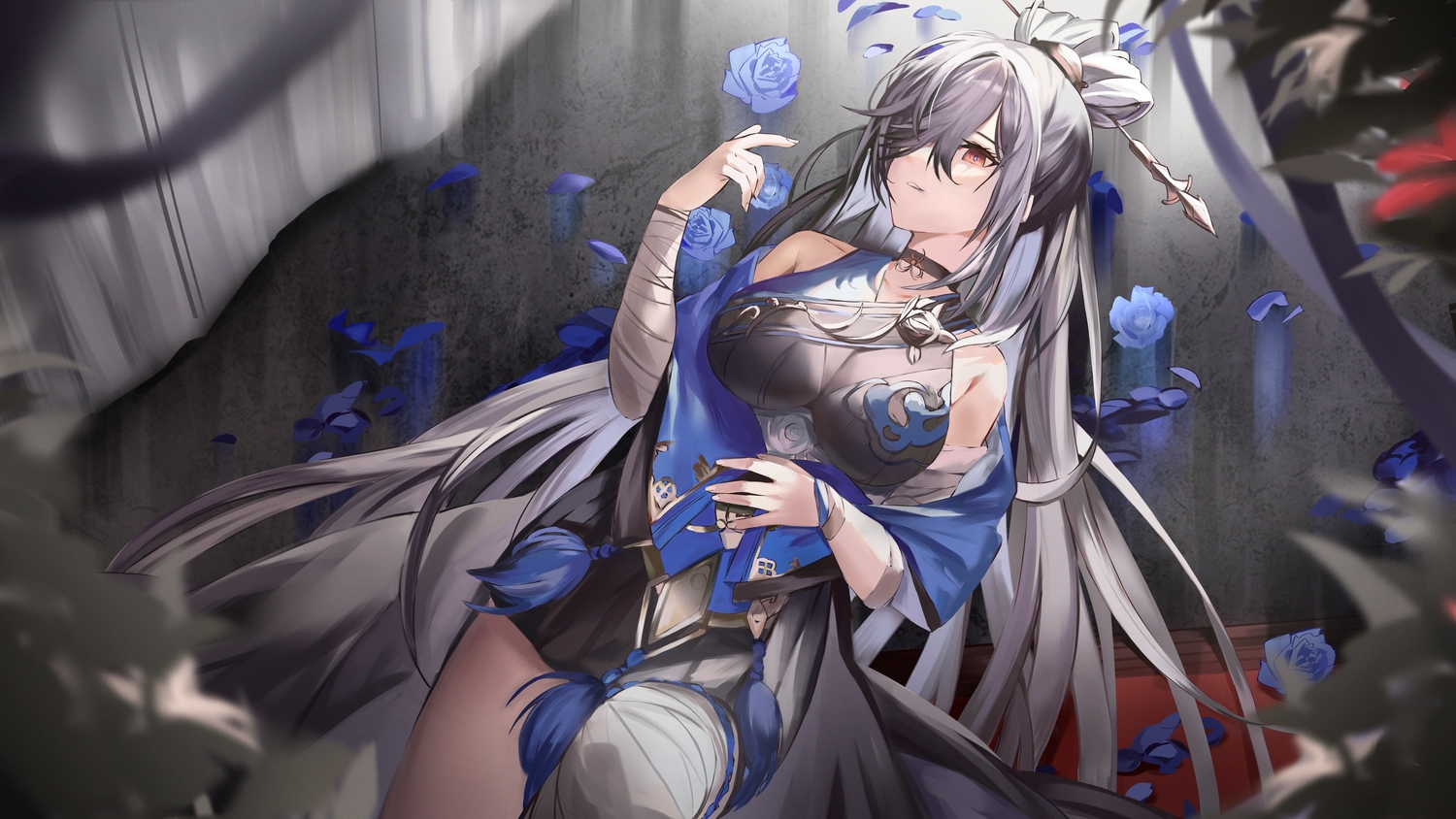 derby_(dabidabi), flowers, gray_hair, long_hair, rose, tagme_(character)