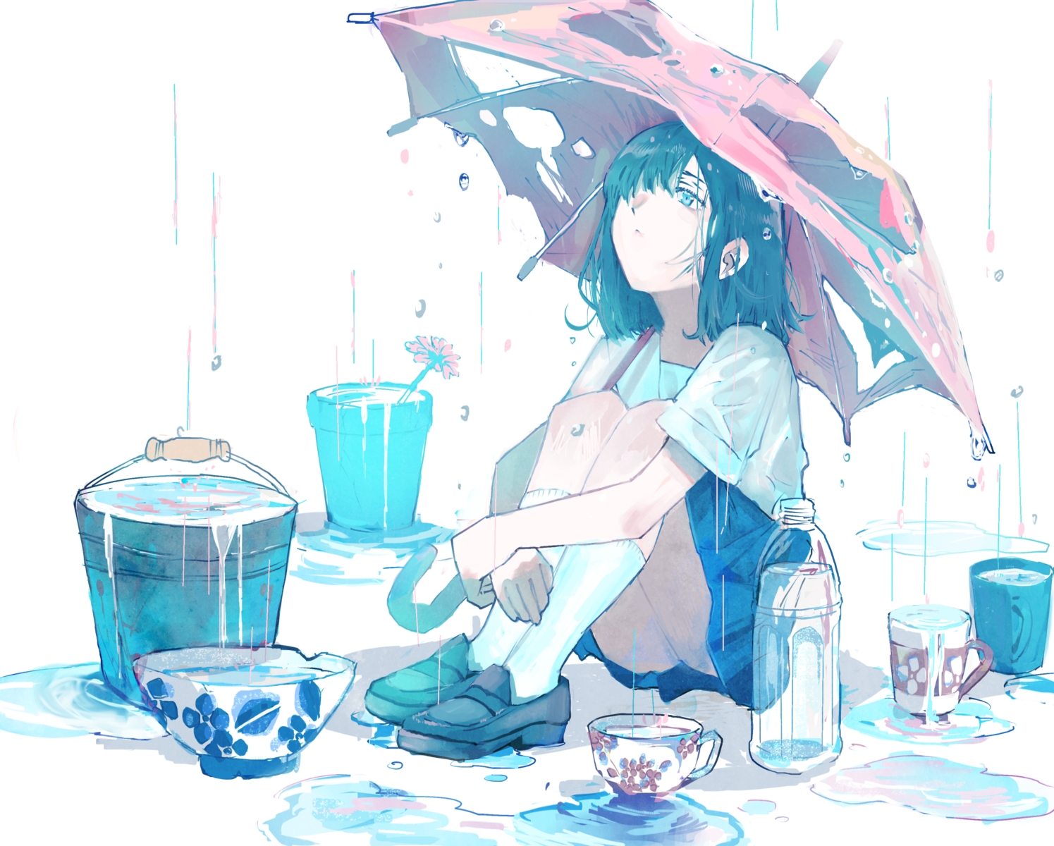 original, polychromatic, qooo003, rain, school_uniform, sketch, umbrella, water
