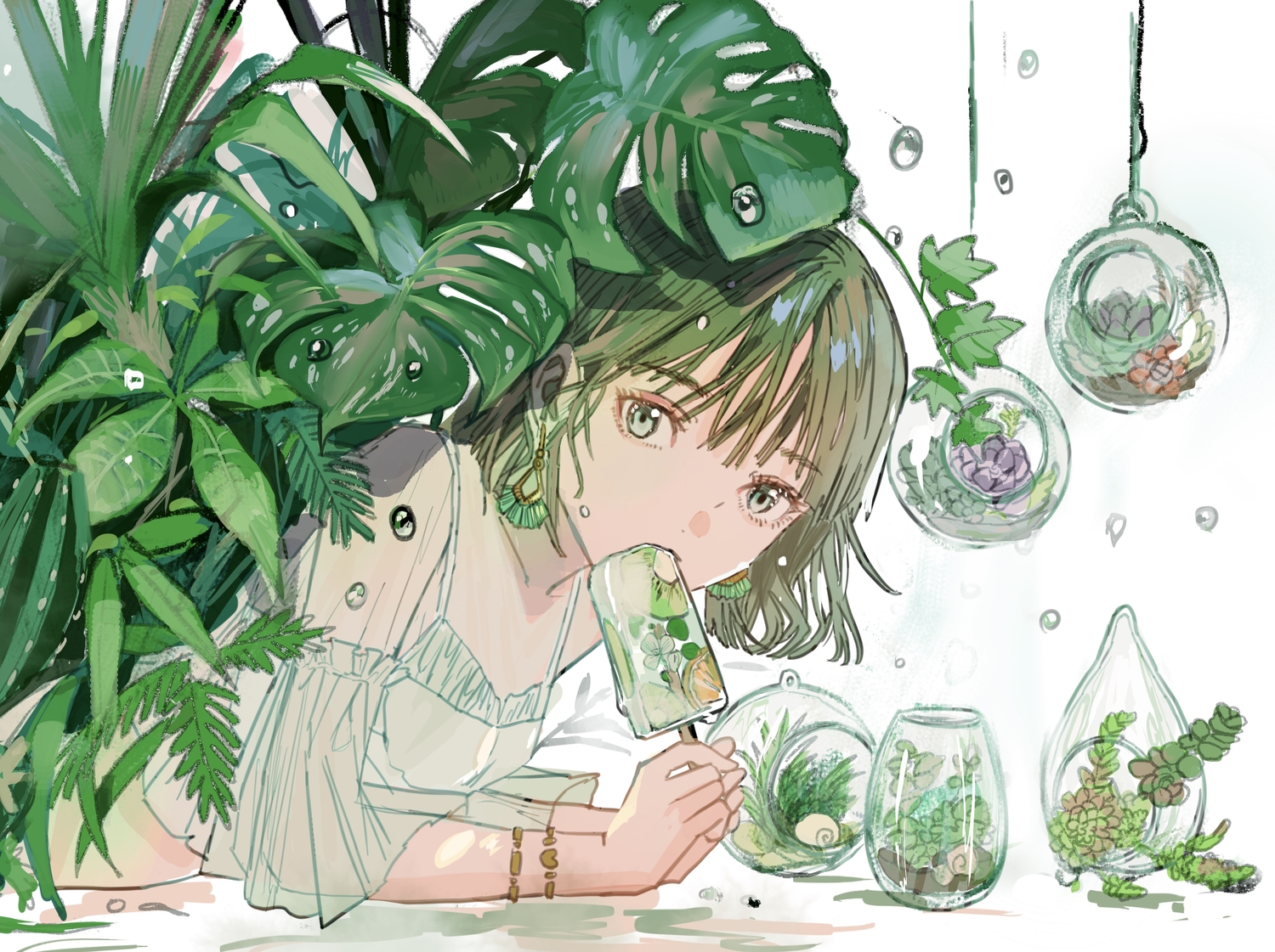 food, fruit, green, green_eyes, green_hair, leaves, original, polychromatic