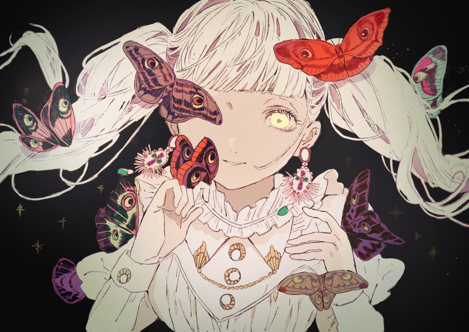 black, butterfly, original, polychromatic, qooo003, sketch, twintails, white_hair