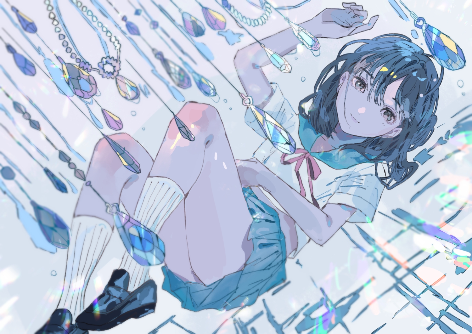 black_eyes, black_hair, original, polychromatic, qooo003, school_uniform, sketch, skirt