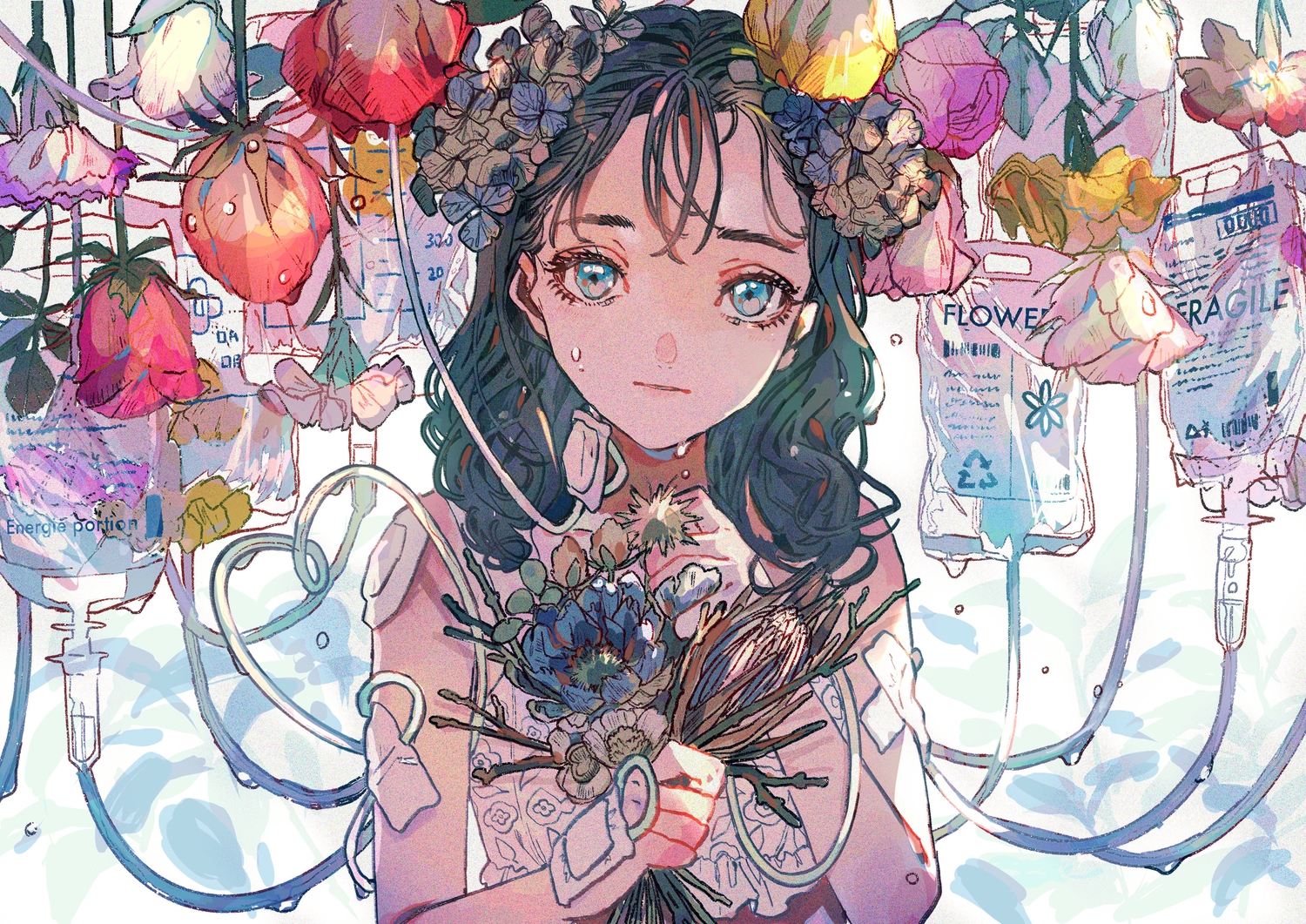 aqua_eyes, bandage, flowers, original, qooo003, sketch