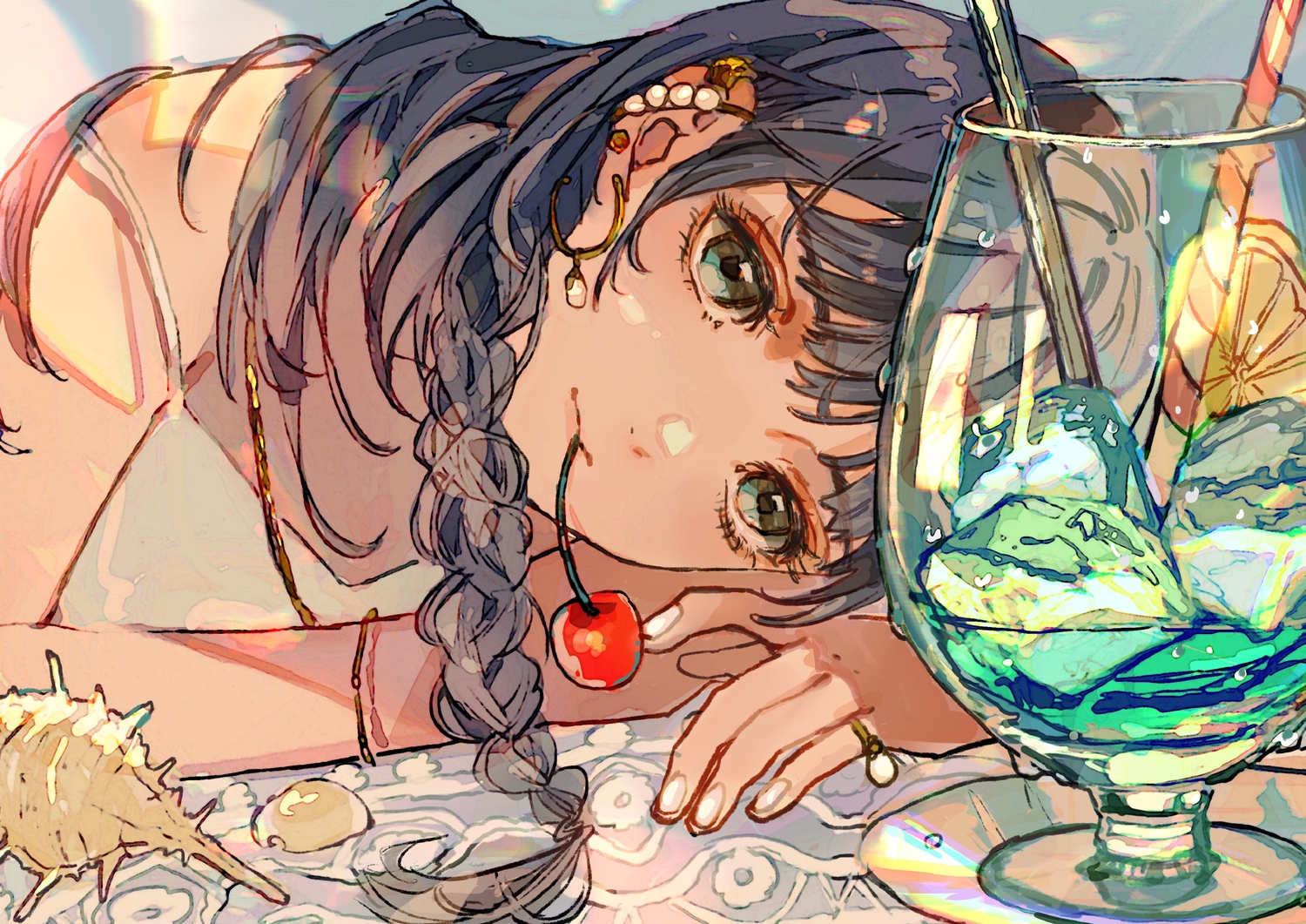 black_hair, braids, cherry, drink, food, fruit, green_eyes, long_hair