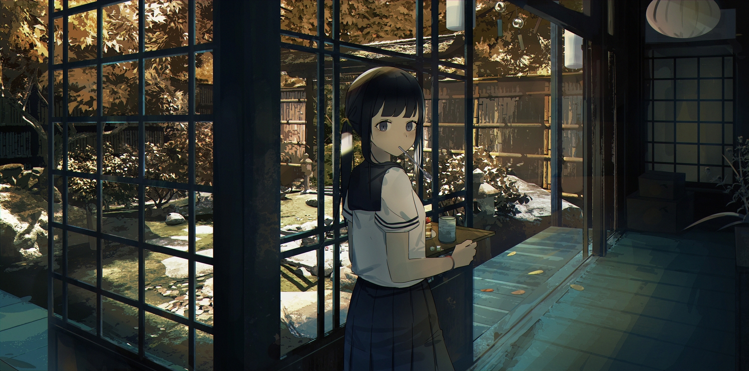 black_eyes, black_hair, cake, dark, drink, food, geki_dan, original