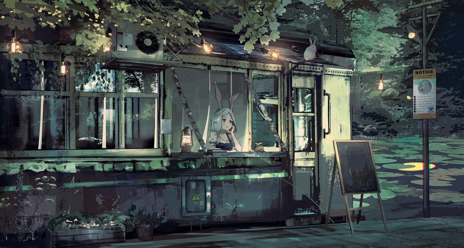animal, animal_ears, building, bunny_ears, bunnygirl, forest, geki_dan, gray_hair
