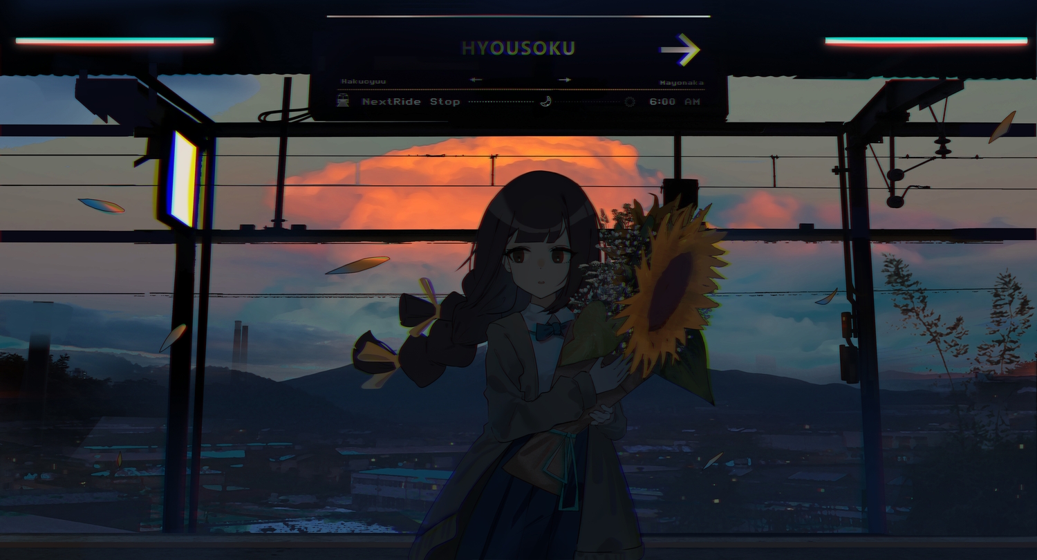 braids, building, clouds, dark, flowers, geki_dan, long_hair, original, red_eyes, sky, sunflower, sunset, train, twintails
