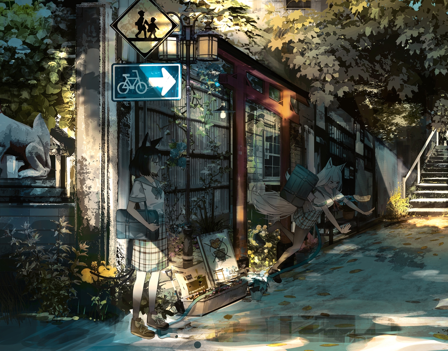 2girls, animal_ears, black_eyes, black_hair, building, foxgirl, geki_dan, long_hair