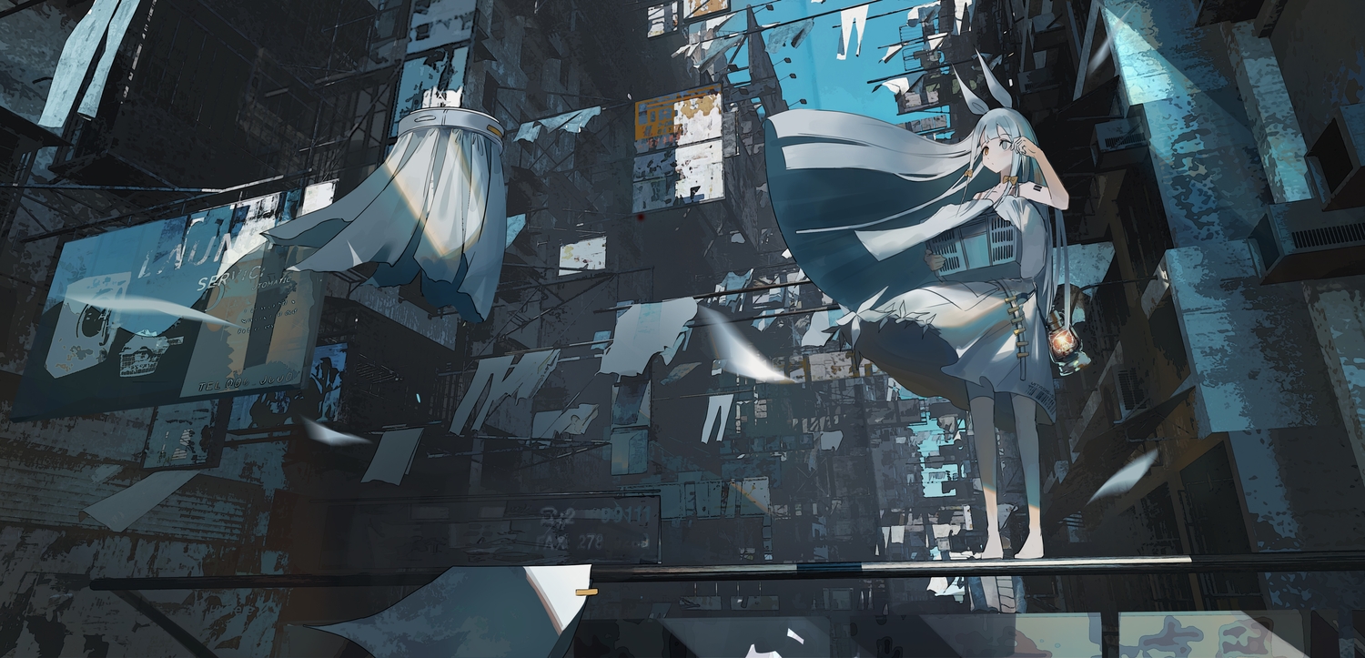 animal_ears, bicolored_eyes, brown_eyes, building, city, dress, geki_dan, gray_eyes