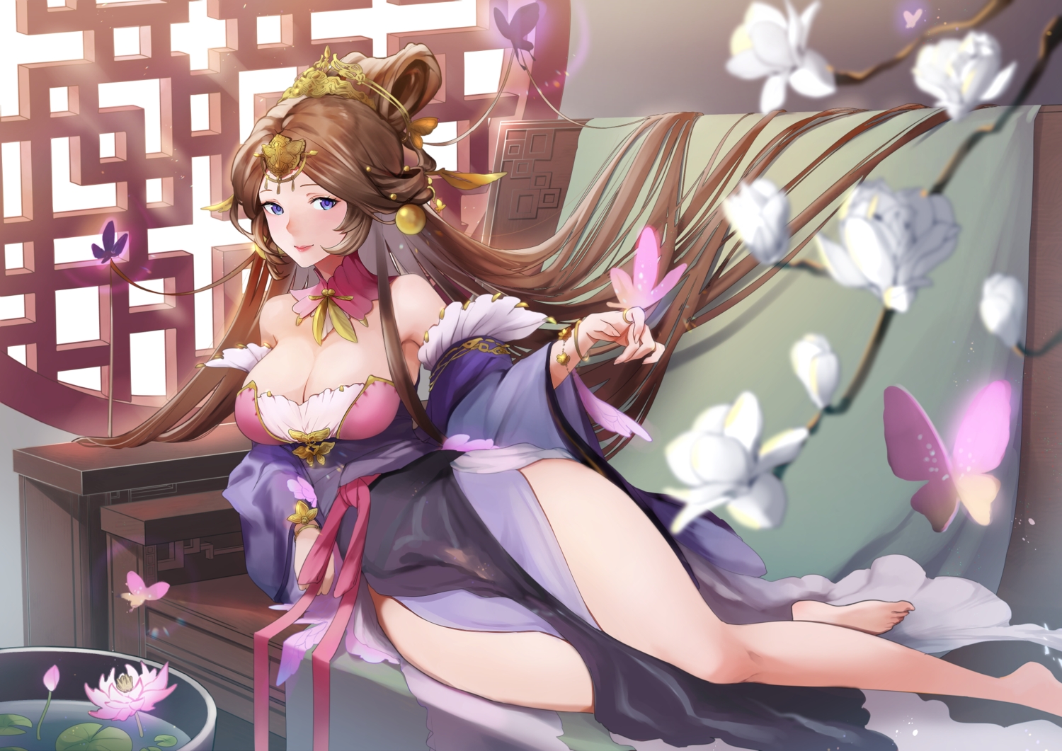 aliasing, barefoot, breasts, brown_hair, butterfly, chinese_clothes, cleavage, flowers, headdress, long_hair, purple_eyes, sunano_reona