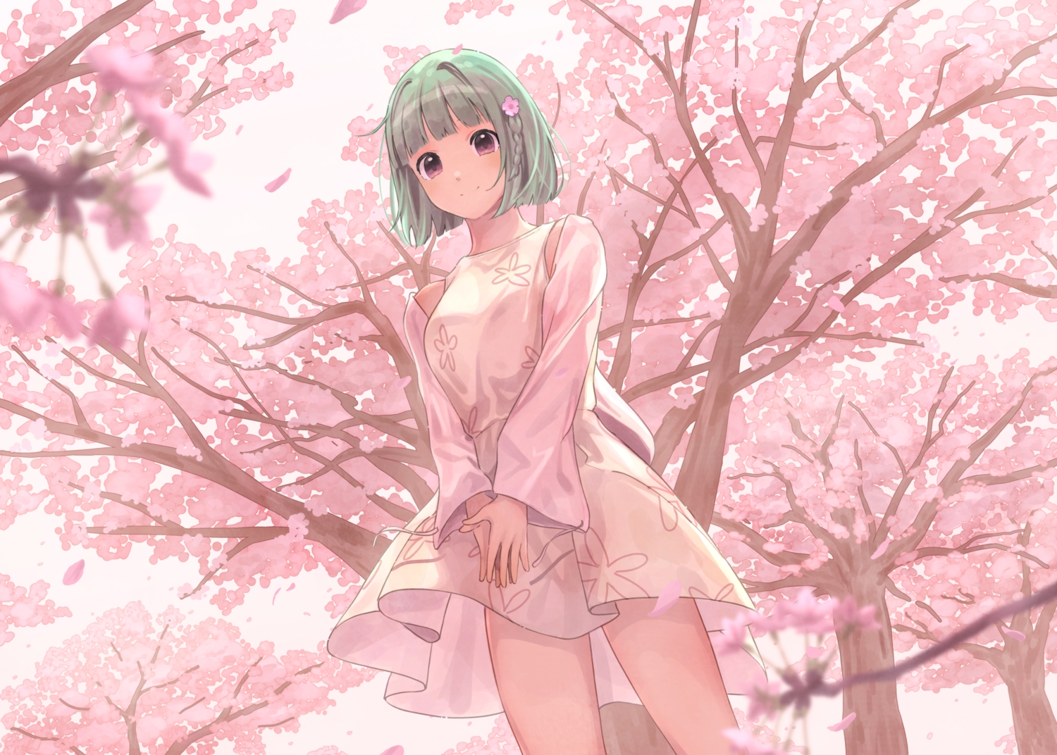 akira_tooru, braids, cherry_blossoms, dress, flowers, green_hair, original, pink_eyes