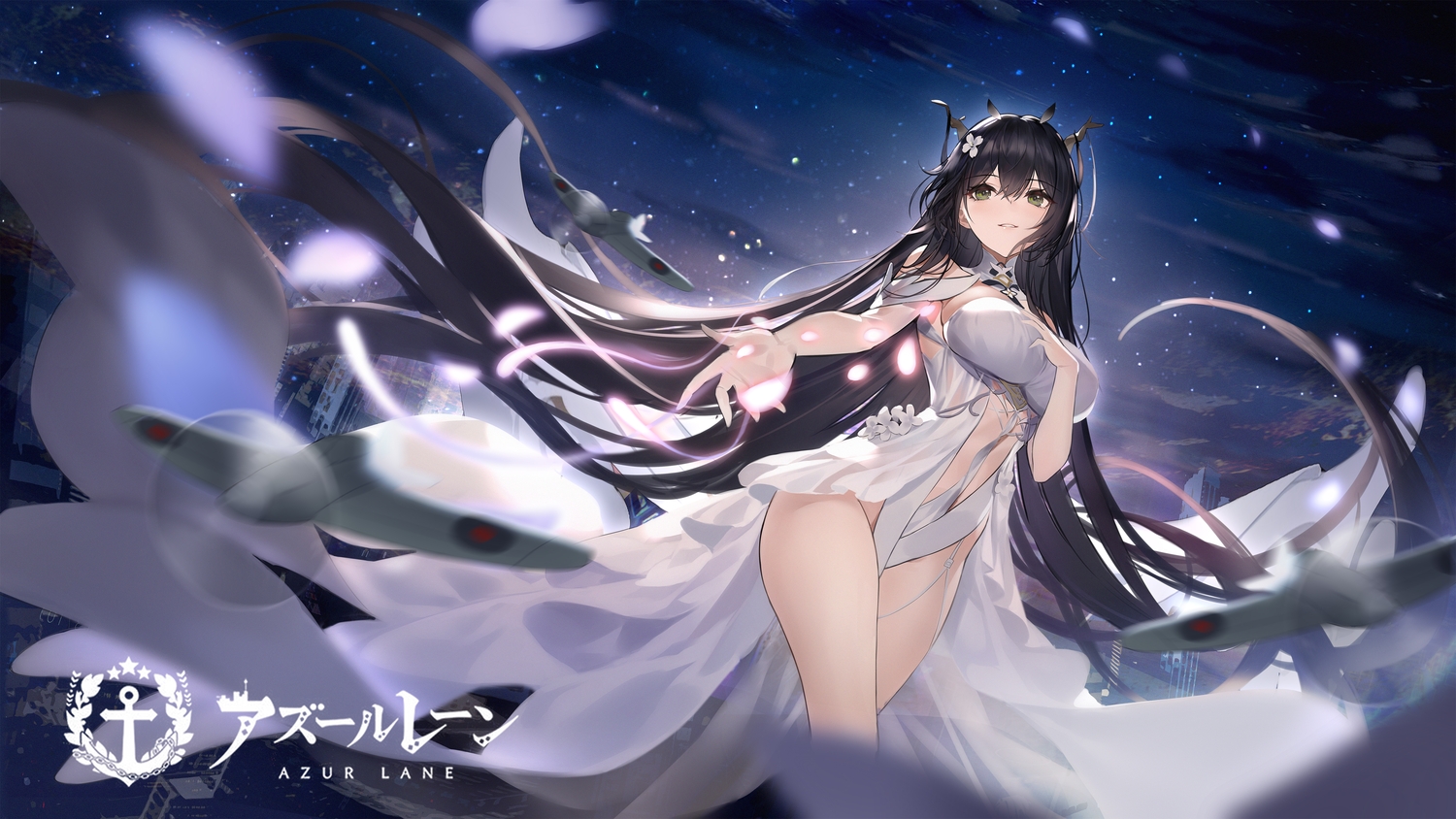 aircraft, anthropomorphism, azur_lane, black_hair, breast_hold, clouds, dress, green_eyes