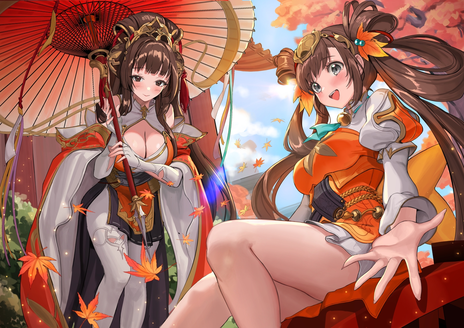 2girls, autumn, blush, breasts, brown_eyes, brown_hair, chinese_clothes, cleavage, gray_eyes, headdress, leaves, long_hair, mikan03_26, tagme_(character), umbrella