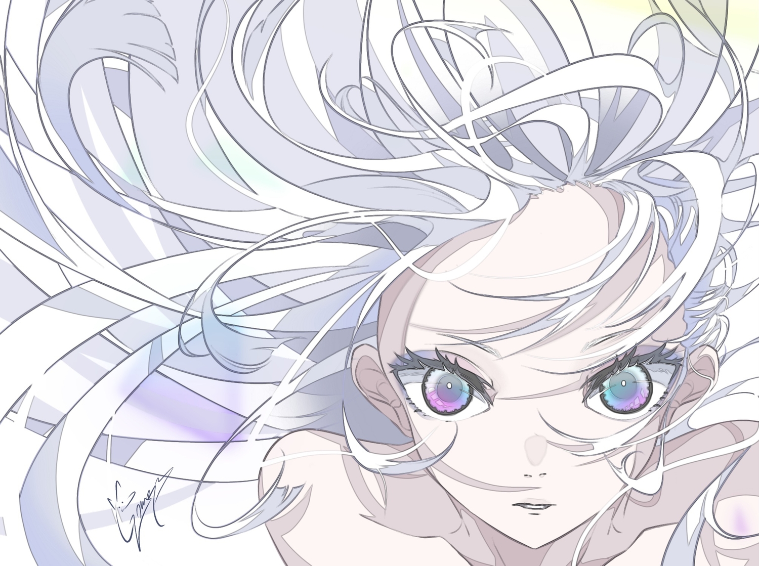 close, goma_irasuto, long_hair, original, polychromatic, signed, white, white_hair